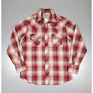 Wrangler Western Pearl Snap Button Shirt Mens Medium Plaid Long Sleeve Red White